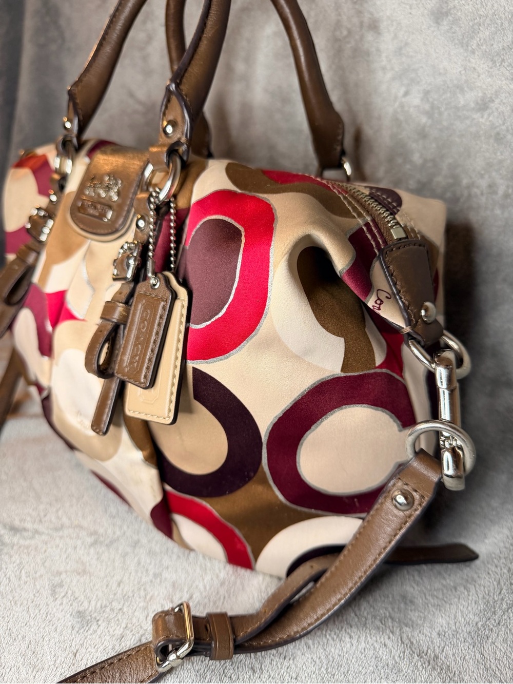 Coach Op Art Multicolor Satin Monogram Satchel with Brown Leather Trim - Picture 7 of 11